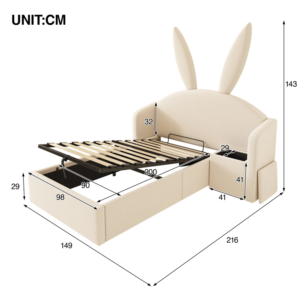 LETTO imbottito 90x200 cm in velluto beige con comodino laterale