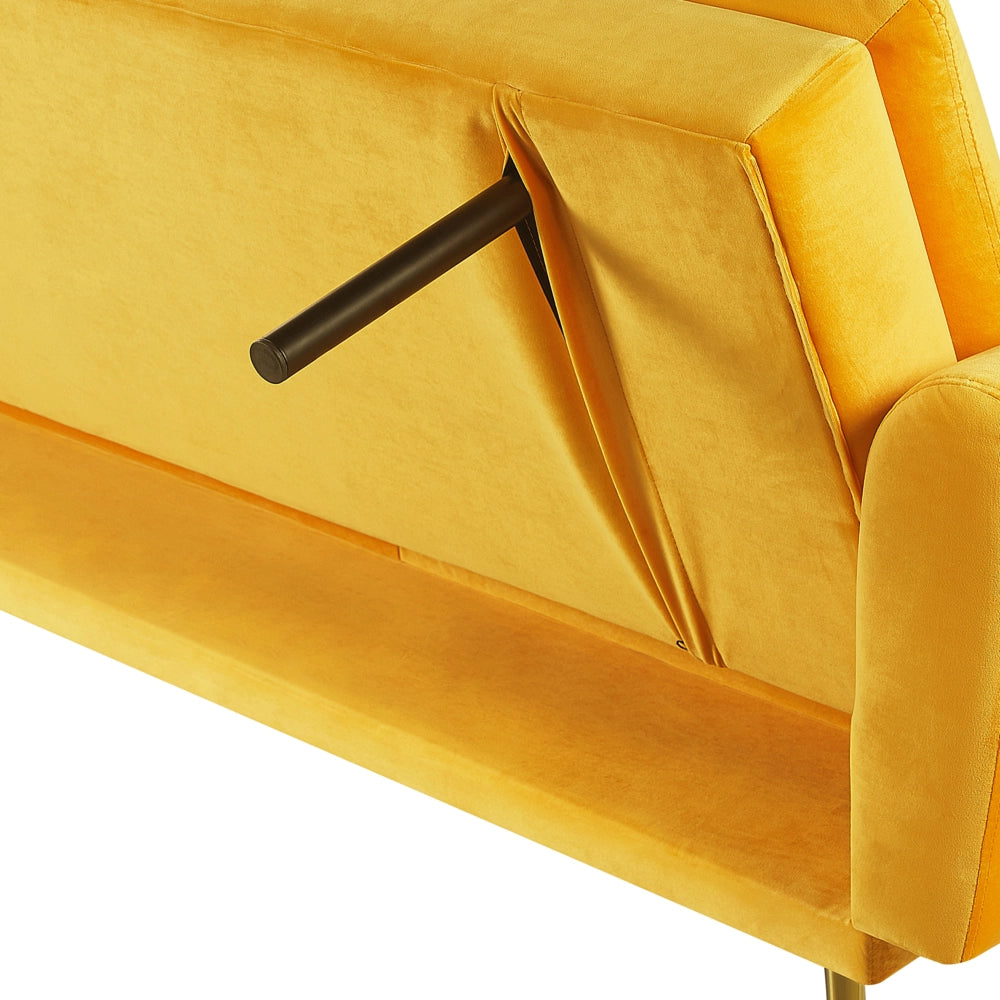 Divano Letto Velluto Giallo 3 Posti Click Clack Gambe In Metallo Dorato