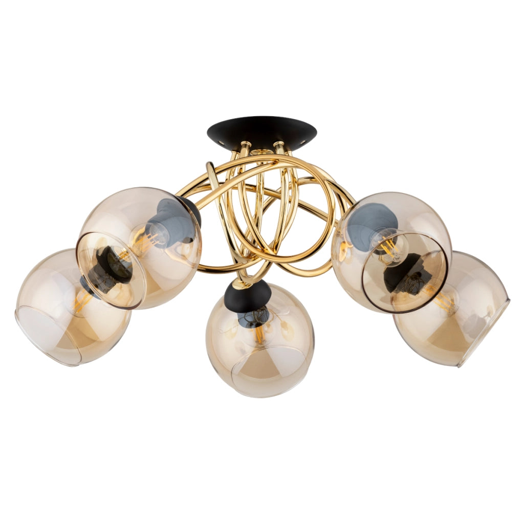 Plafoniera moderna MODENA oro/nero vetro ambra 5xE27 Alfa