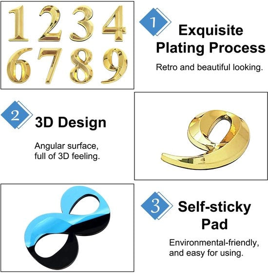 Huisnumeri 3D - 20 Pezzi - Autoadesivi - Oro - Sostenibile - Resistente all'Umidità - Progetto di Lusso - Huisnumeri