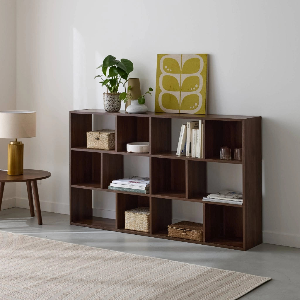 Libreria a 3 livelli con 12 scomparti, noce