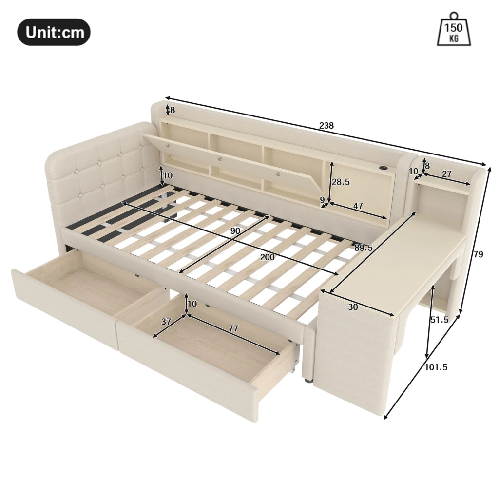 Daybed 90x200 cm con scrivania, 2 cassetti e vano contenitore