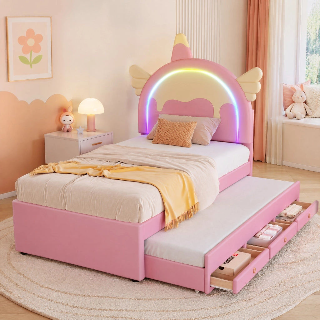 Letto per bambini a forma di unicorno con letto estraibile e spazio salvaspazio