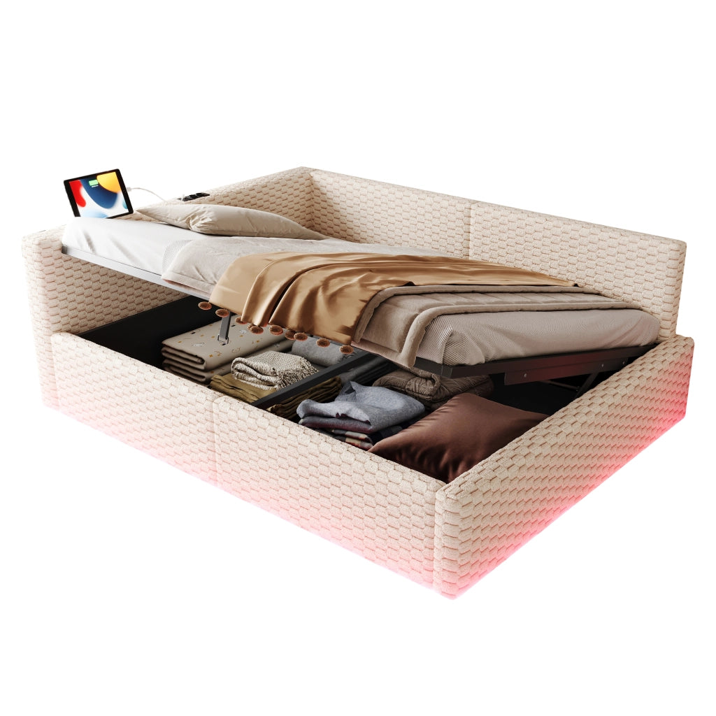Letto Imbottito 140x200 con LED e USB ¨C MINIMAL ¨C Velluto Beige, Idraulico
