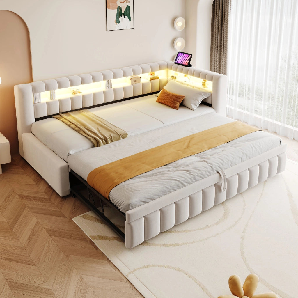 LETTO Divano letto trasformabile 90x200 cm in velluto beige con LED e USB