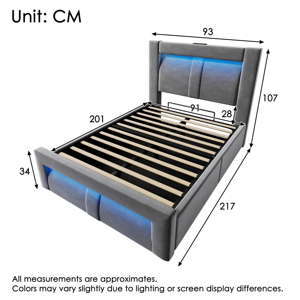 LETTO Contenitore 90x200 cm in velluto grigio con LED e porte USB/Type-C