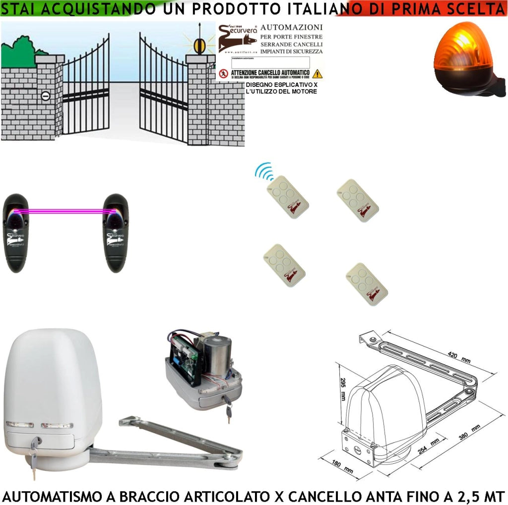 AUTOMAZIONE CANCELLO KIT MOTORE A BRACCIO ARTICOLATO 230/24 V ANTA BATTENTE DA 0,5 A 2,5 MT CENTRALE 4 RADIOCOMANDI FARO FOTOCELLULE