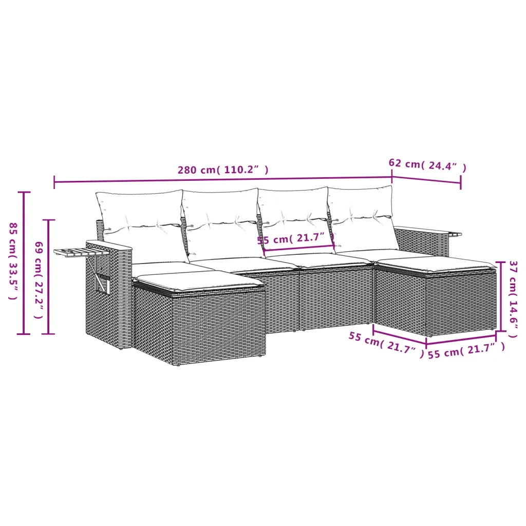 Set Divano da Giardino 6 pz con Cuscini Grigio in Polyrattan