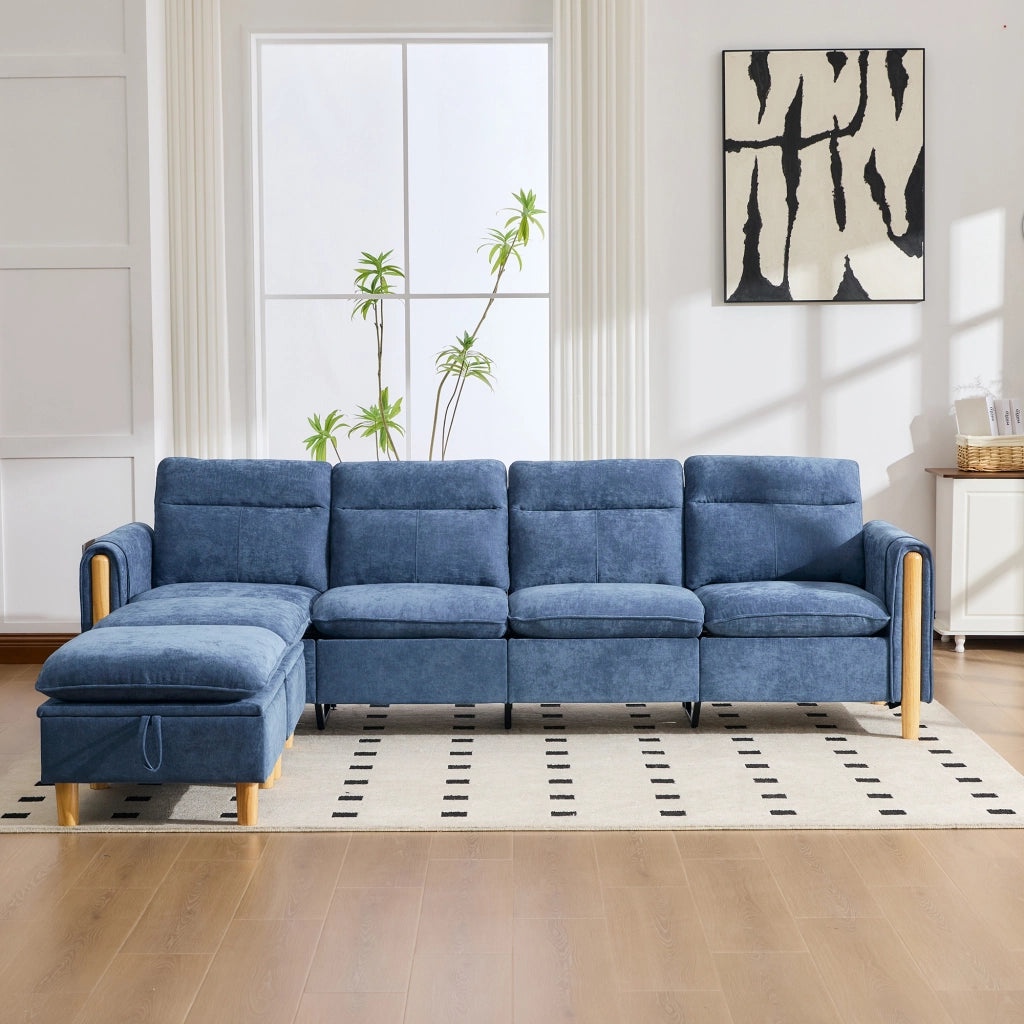 Divano angolare modulare a U 4 posti con contenitore e braccioli, in Chenille Blu