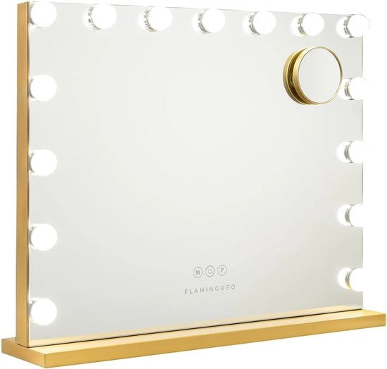 Specchio con Luce - 15 LED - Specchio da Trucco - Controllo a Tasto - Colore Oro