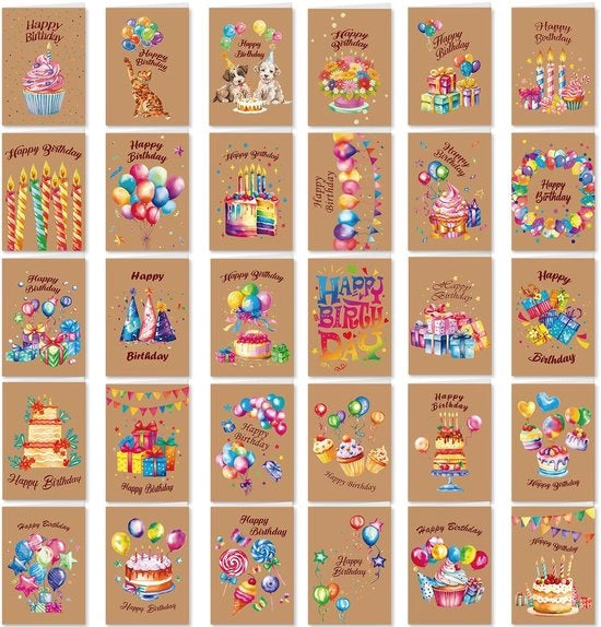 Set di cartoline di compleanno da 30 - Cartoline di compleanno a tempera - Cartoline di auguri con busta - Disegni diversi - Per bambini e adulti - Cartoline in carta