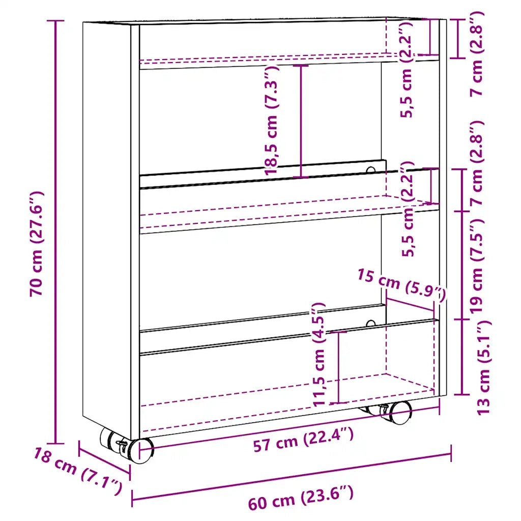 Carrello Stretto a 3 Livelli Rovere Fumo in Truciolato CFW2696025