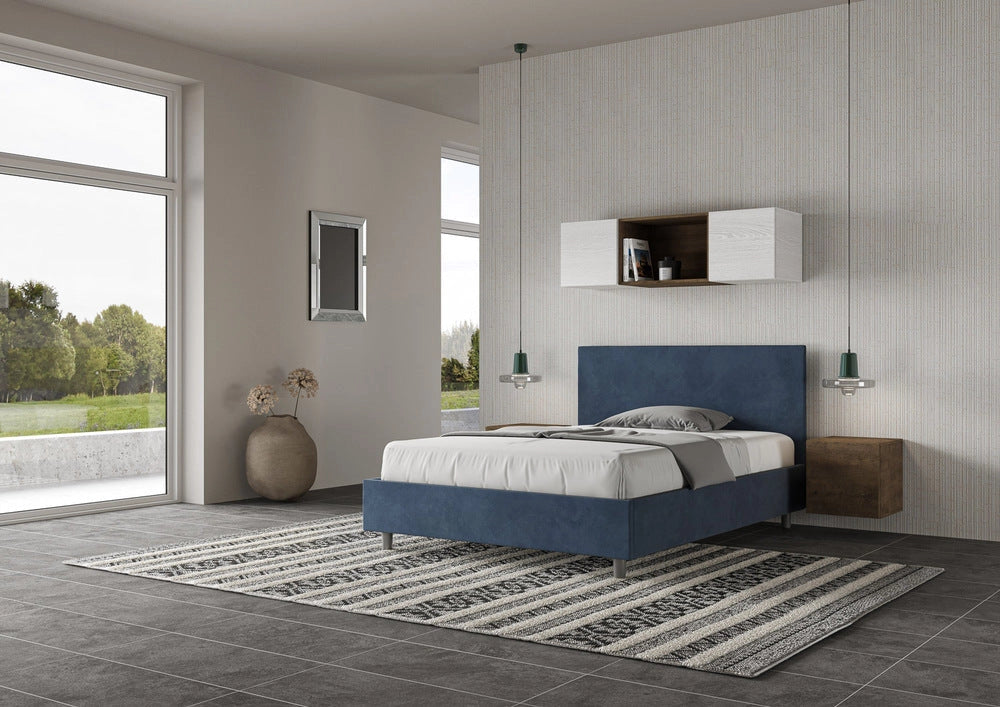 Letto Matrimoniale 160x190 cm con Rete e Contenitore Adele Blu