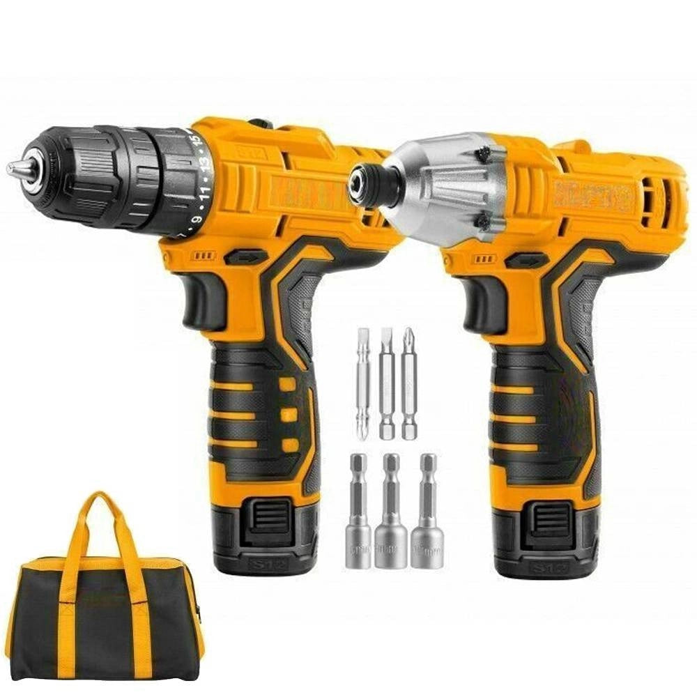 Trade Shop - Set Trapano Avvitatore + Avvitatore Ad Impulsi 2 Batterie 12v Borsa E Accessori -