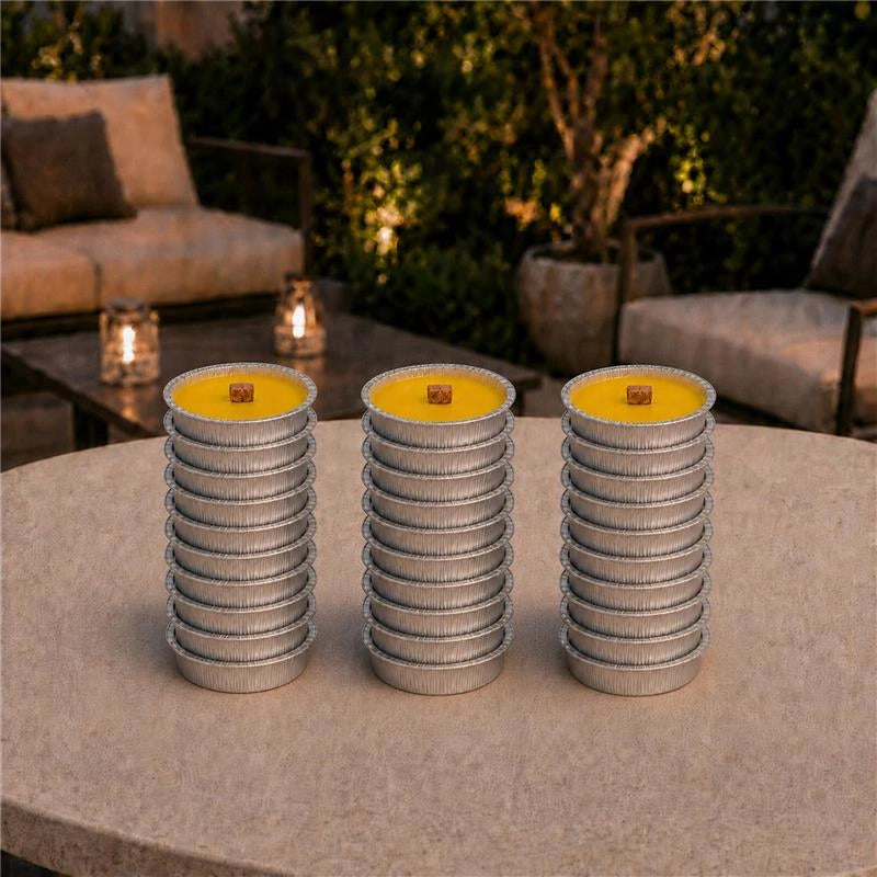 SET 30 FIACCOLE ALLA CITRONELLA IN ALLUMINIO Ø11 CM – STOPPINO ANTIVENTO, DURATA 4 ORE