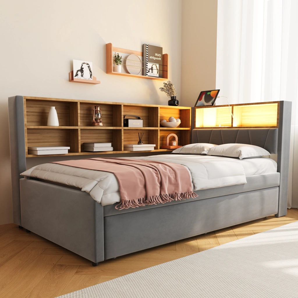 Divano letto multifunzione con letto estraibile, LED e prese integrate