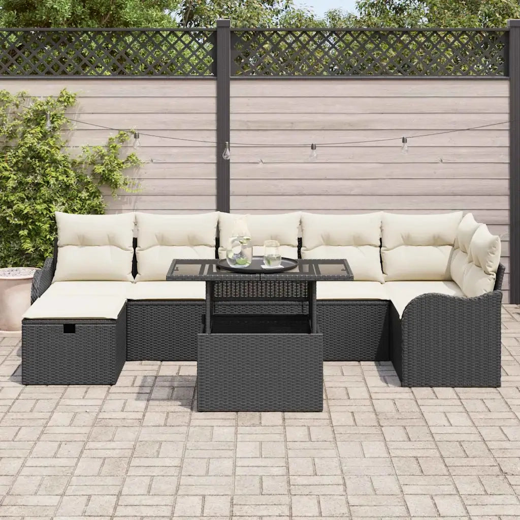 Set Divano da Giardino con cuscino 8 pcs Nero Poly Rattan