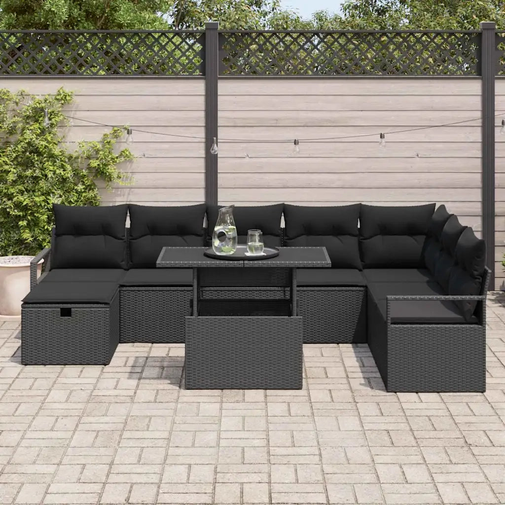 Set Divano da Giardino con cuscino 9 pcs Nero Poly Rattan