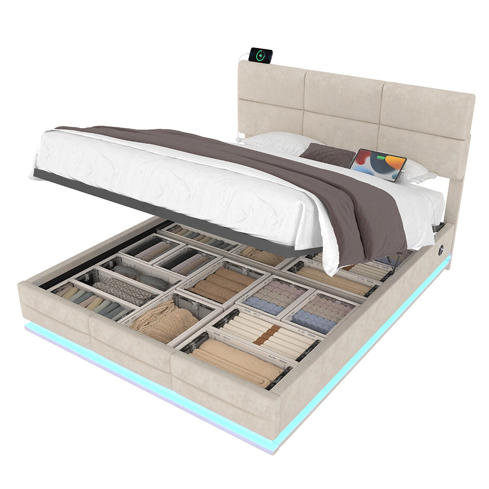 Letto 140x200cm?- Xylo - velluto USB LED idraulico beige