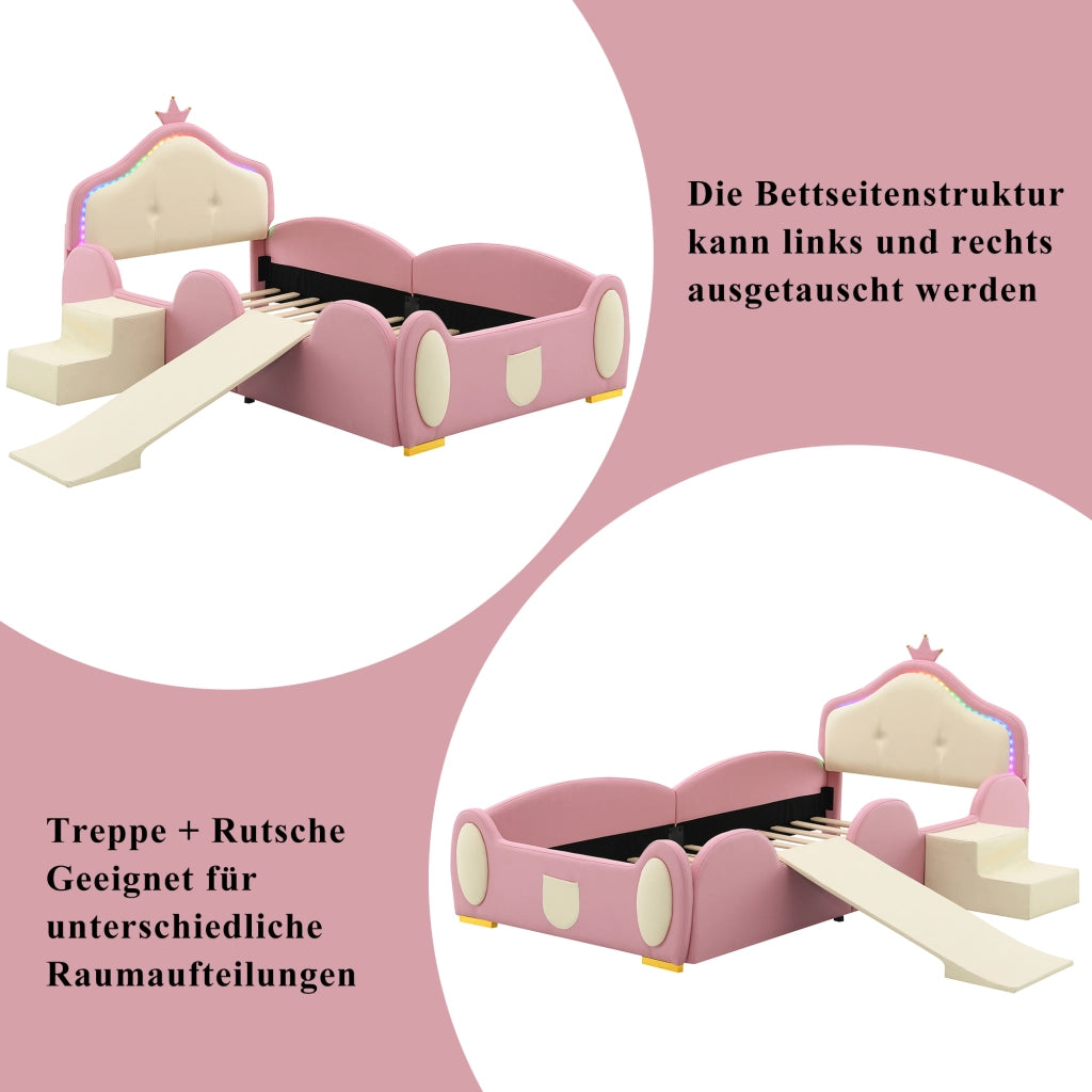 Letto per Bambini 90x200 cm - LED Multimodale; Scivolo e Scala - in PU - Rosa