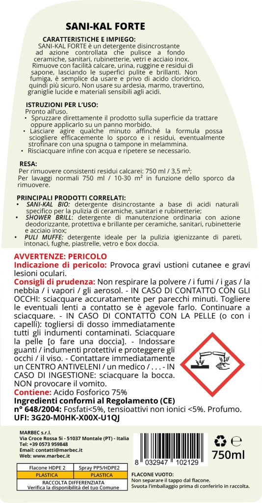 Detergente anticalcare forte bagno SANI-KAL FORTE - 750ML