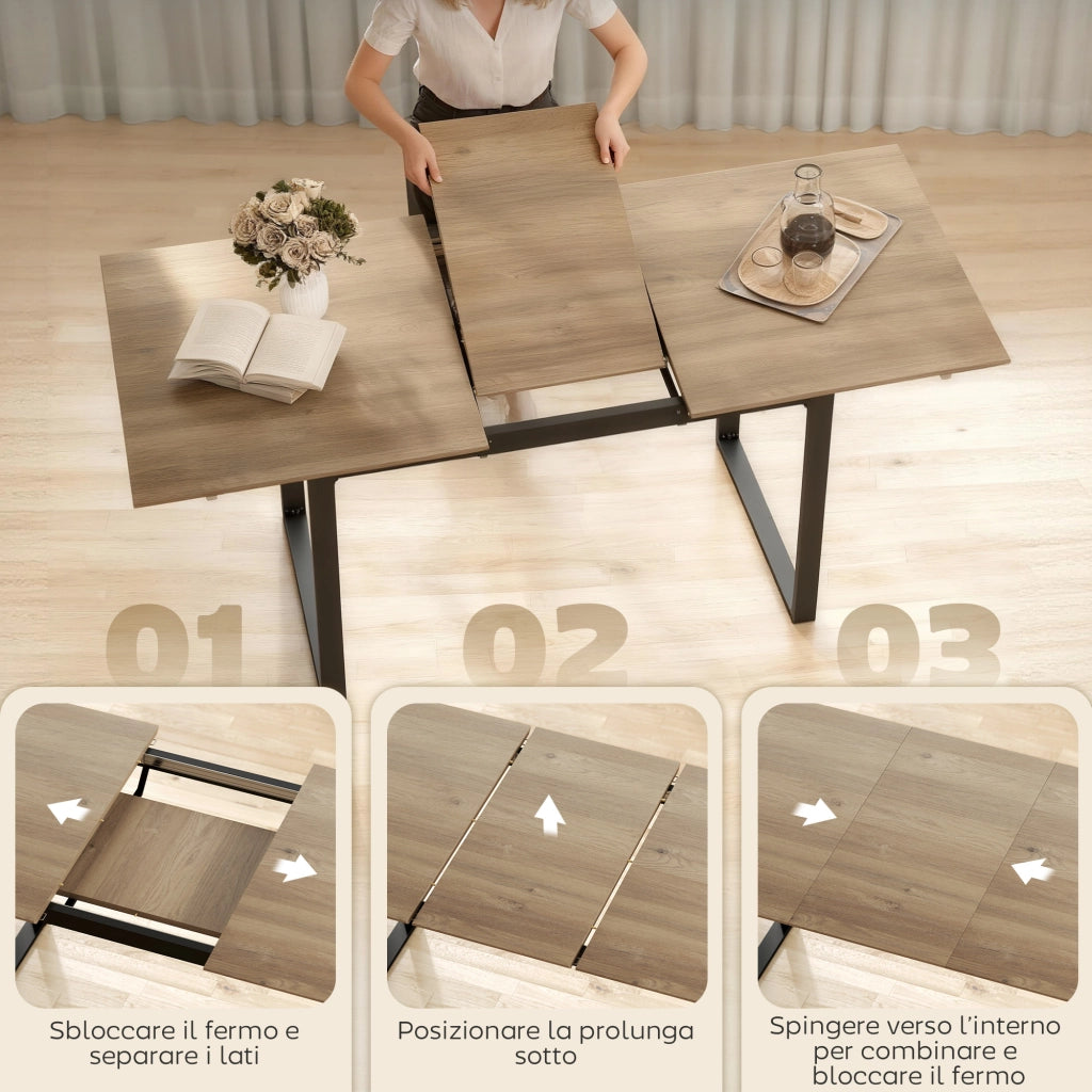 Tavolo da Pranzo Industriale per 6-8 Persone 180x80x75 cm con Ribalta Rotonda in Legno e Acciaio