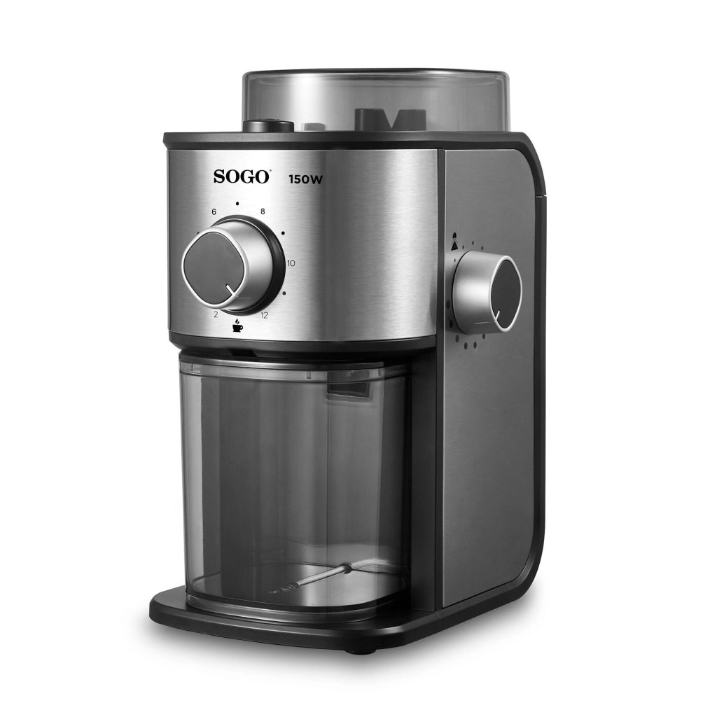 Macinacaffè elettrico con macine in acciaio 14 livelli di macinatura, capacità 200g chicchi selezione 2-12 tazze - Sogo