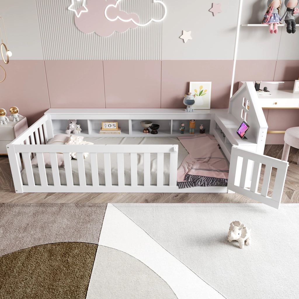 DESMIU Letto per Bambini Singolo con Contenitori, Sponde e Porta, 90 × 200 cm, Senza Materasso, Legno Massello, Bianco