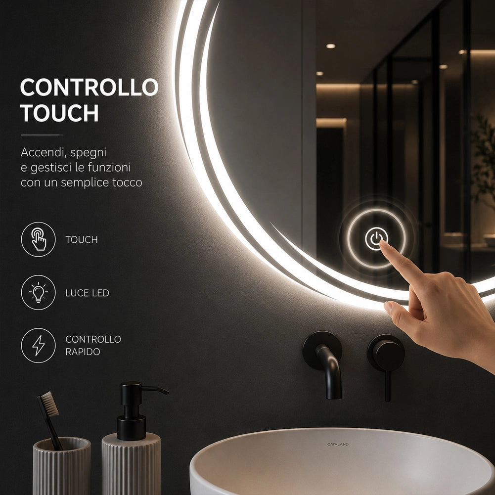 Specchio Rotondo Ø60cm con Spirale LED a 3 Colori Dimmerabile Accensione Touch