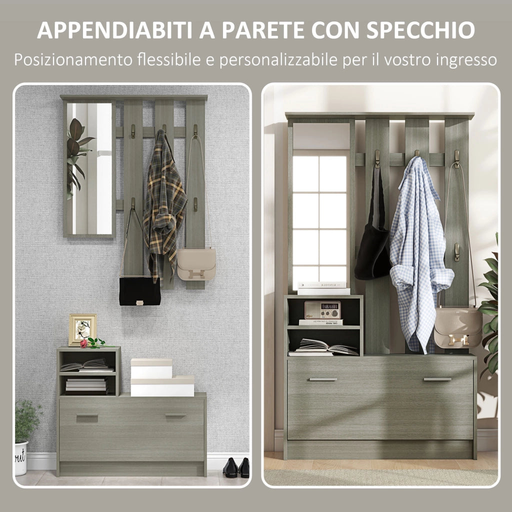 Set Mobili da Ingresso con Appendiabiti, Specchio, Panca e Scarpiera ¨C Minimal ¨C Grigio