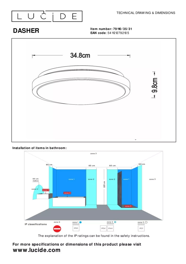 Plafoniera bagno Lucide Dasher LED 18W bianca 34,8cm