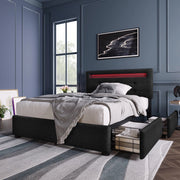 LETTO imbottito 90x200 cm con LED, 2 cassetti, nero