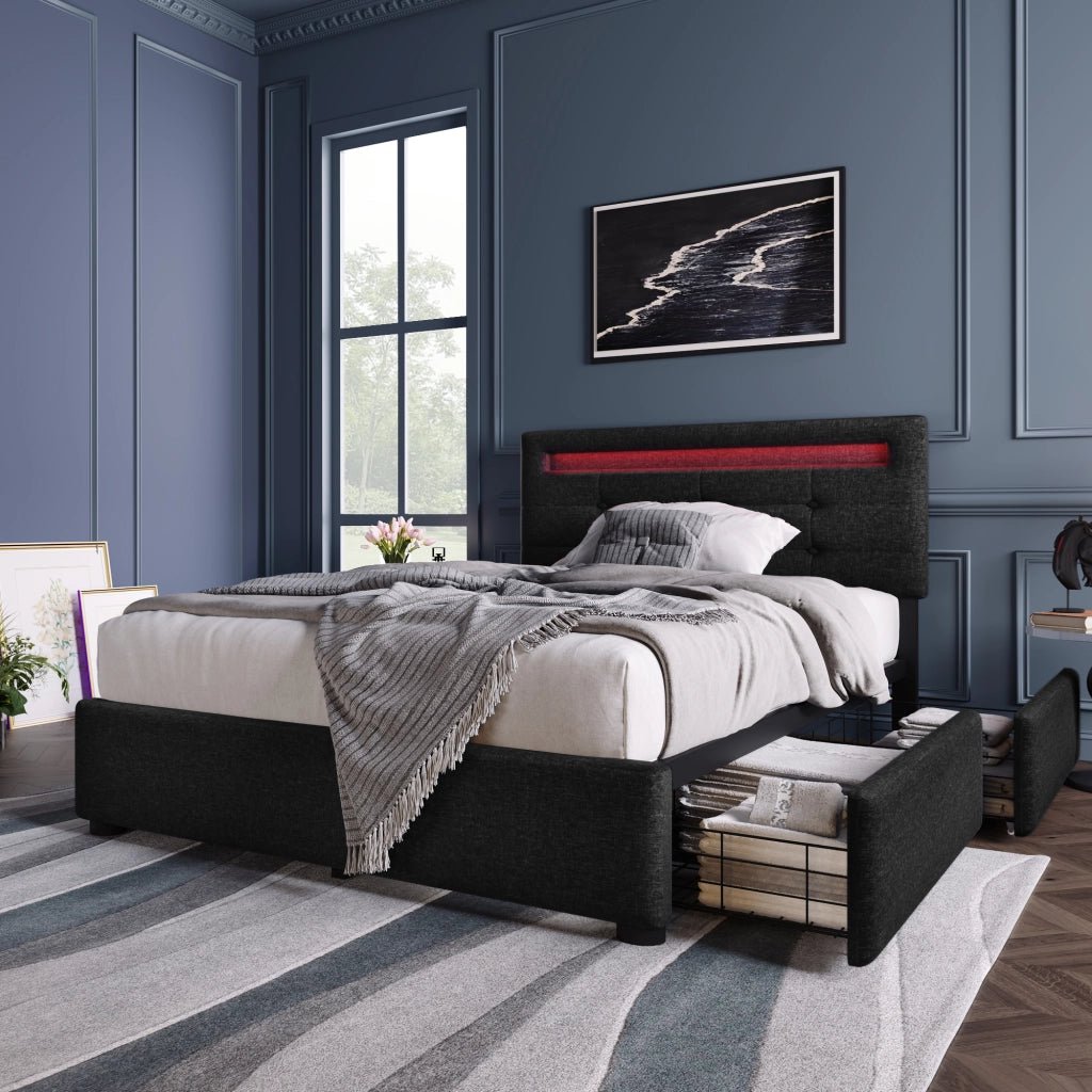 LETTO imbottito 90x200 cm con LED, 2 cassetti, nero