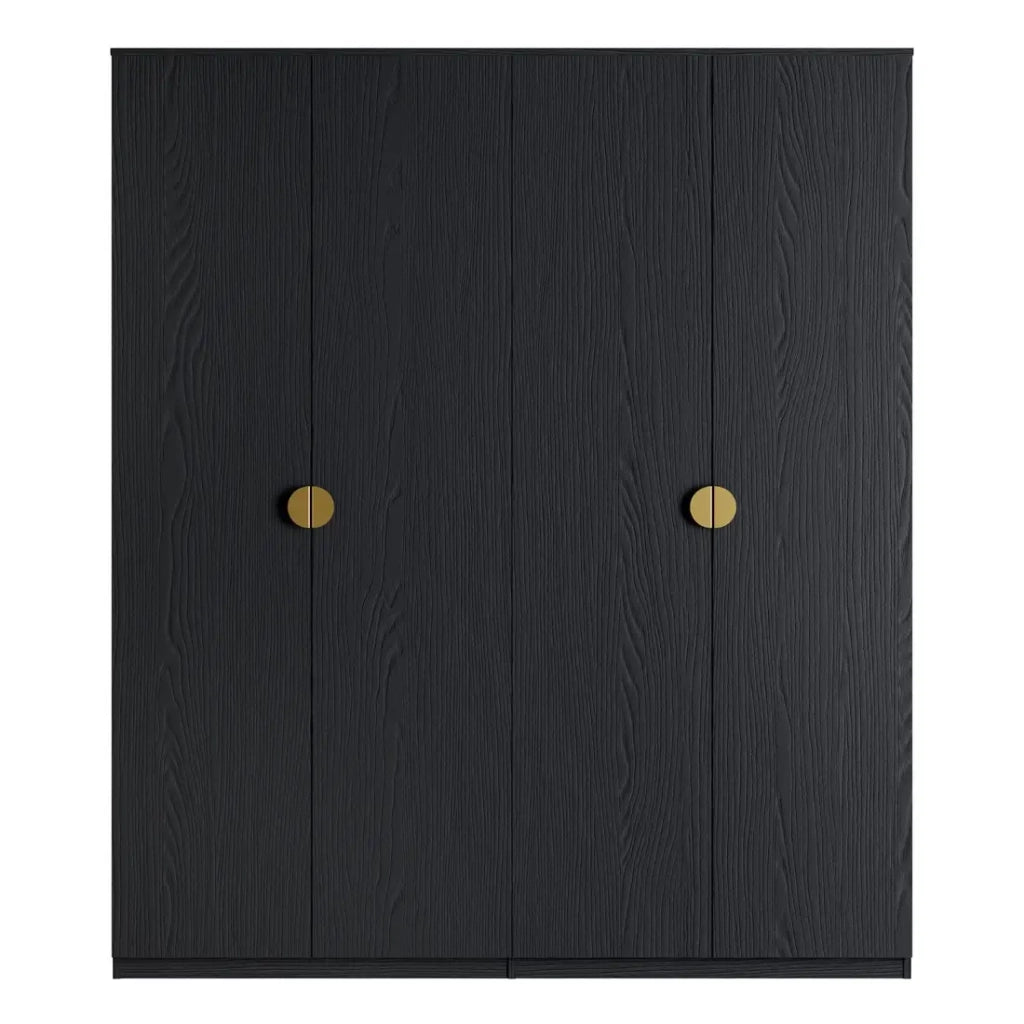 Camera completa MONDO – Nero strutturato e dorato – Letto 180x200 con doghe + Armadio + Cassettiera + 2 comodini