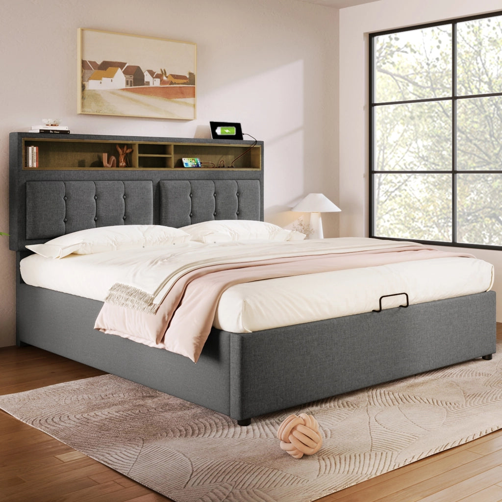 LETTO Imbottito 140x200 cm in Lino Grigio con testiera regolabile e USB