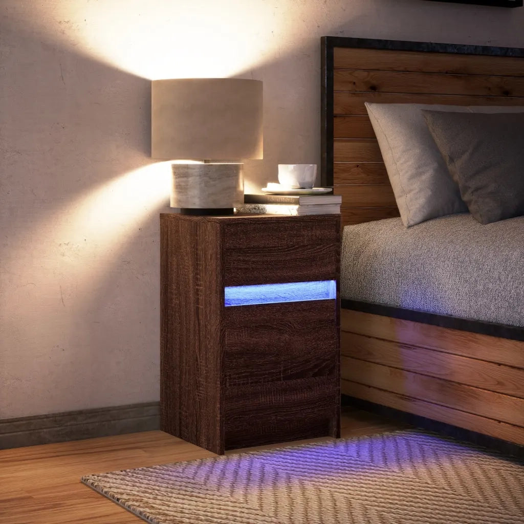 Comodino con Luci LED Rovere Marrone in Legno Multistrato 852018