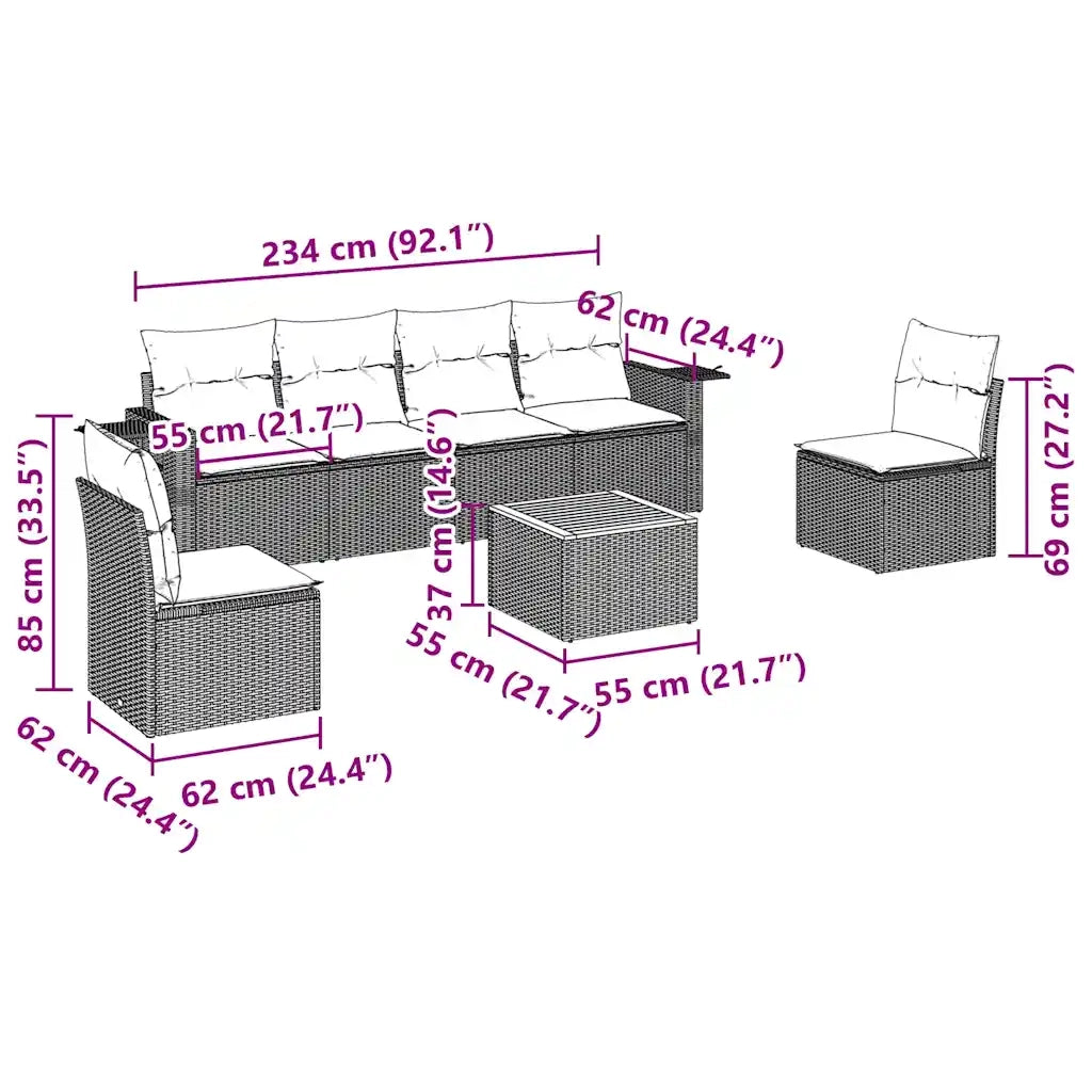 Set Divani da Giardino con Cuscini 7pz Nero Polyrattan