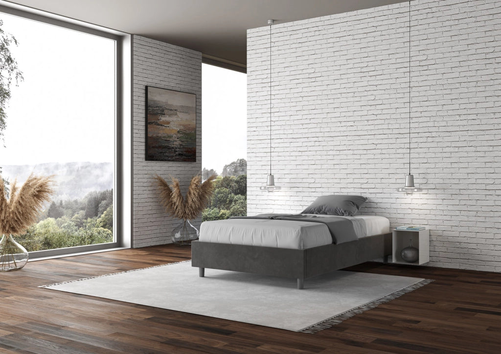 BS COM Letto una piazza e mezza con rete imbottito 110x200 microfibra grigio