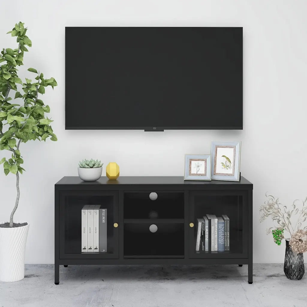 Mobile TV-Credenza per TV Nero 105x35x52 cm in Acciaio e Vetro