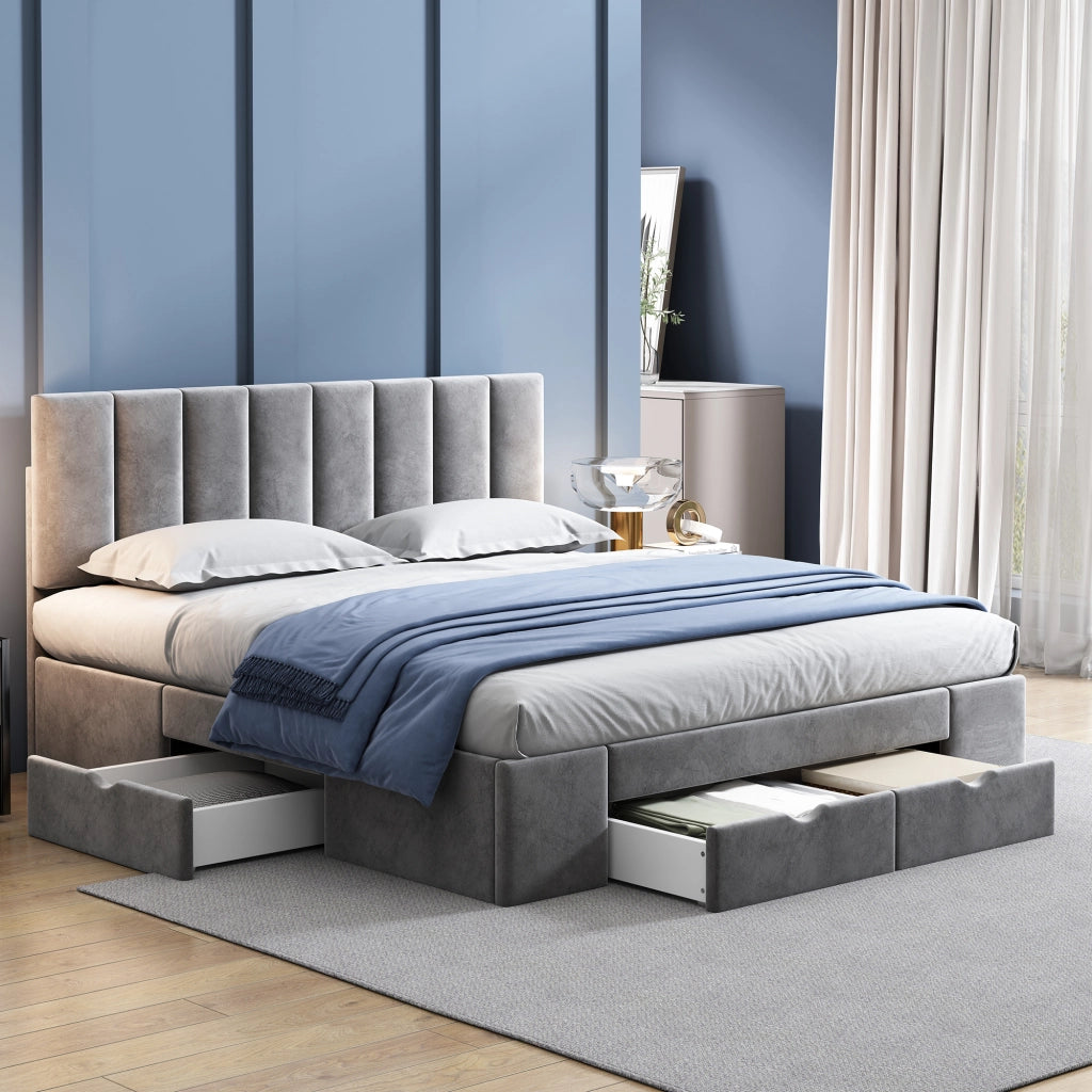 LETTO imbottito 160x200 cm in velluto grigio con rete a doghe