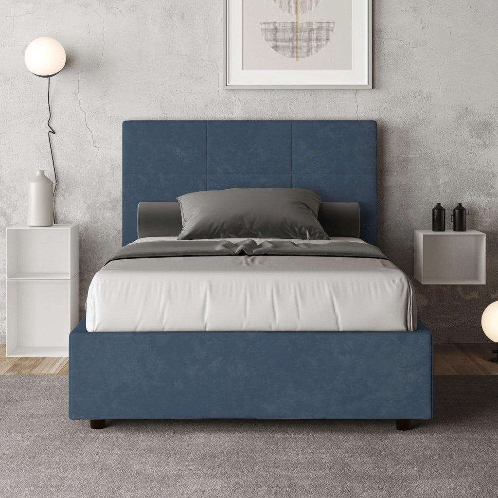 BS COM Letto una piazza e mezza con rete imbottito 120x210 microfibra blu
