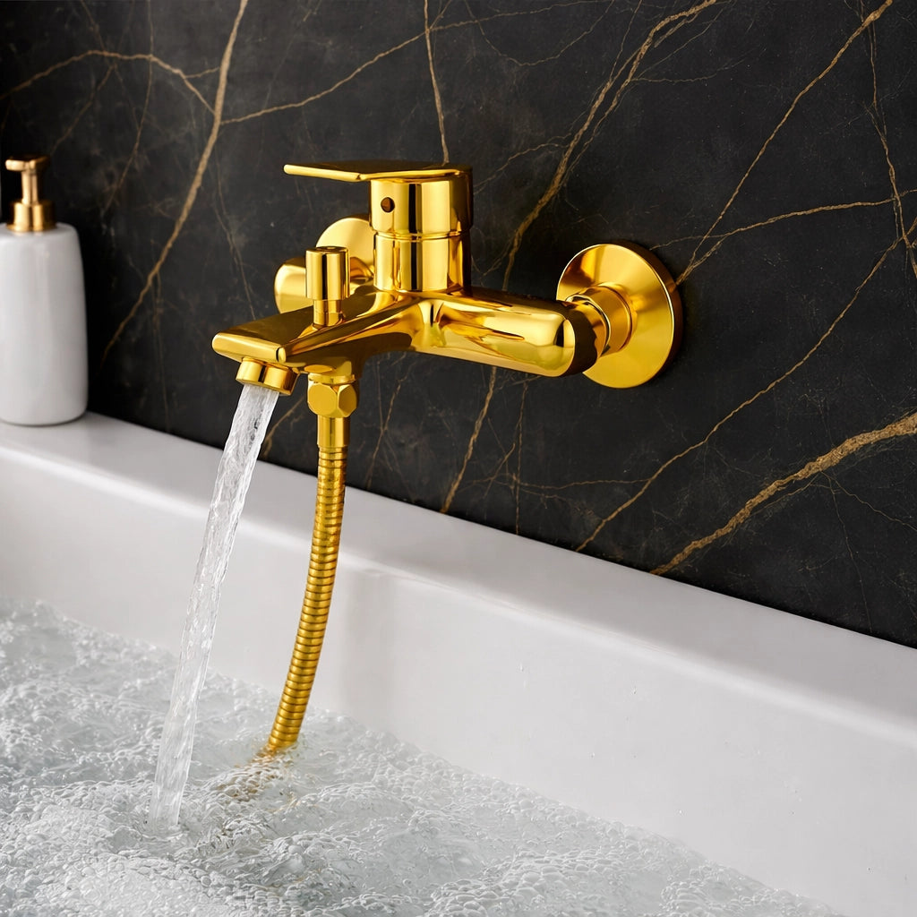 Rubinetto Miscelatore Vasca Bagno Oro Lucido da Parete + Deviatore Doccia 94014