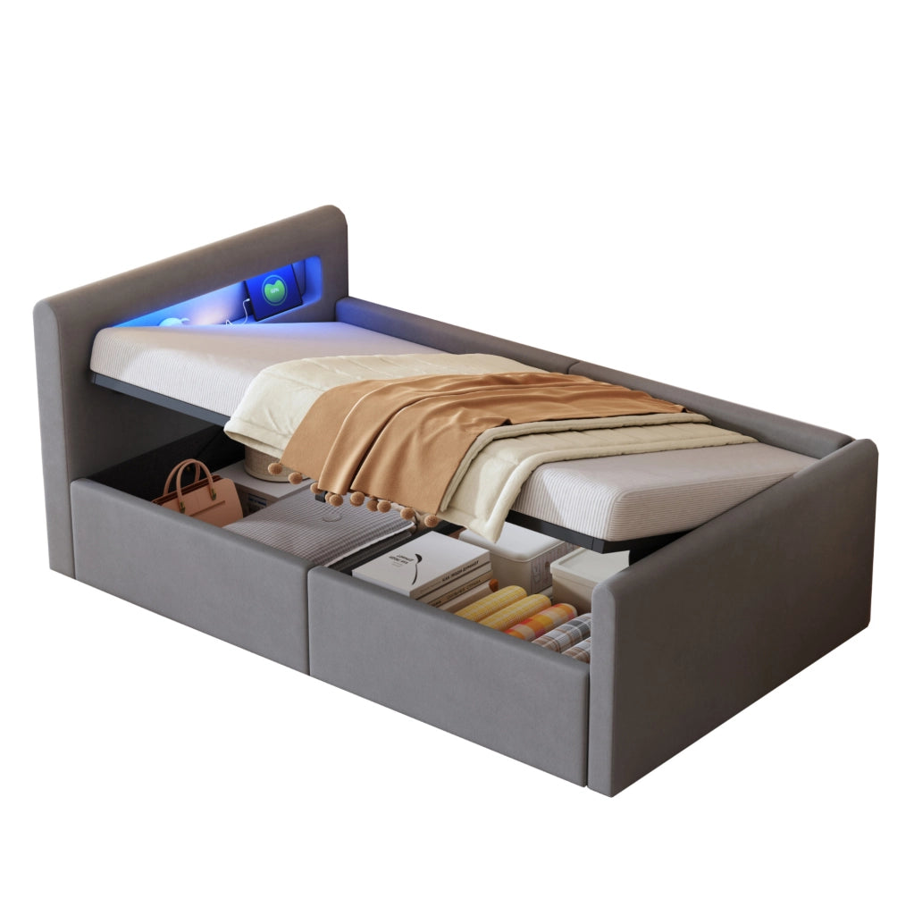 Letto imbottito per bambini 90x200 cm con LED, USB e vano contenitore idraulico