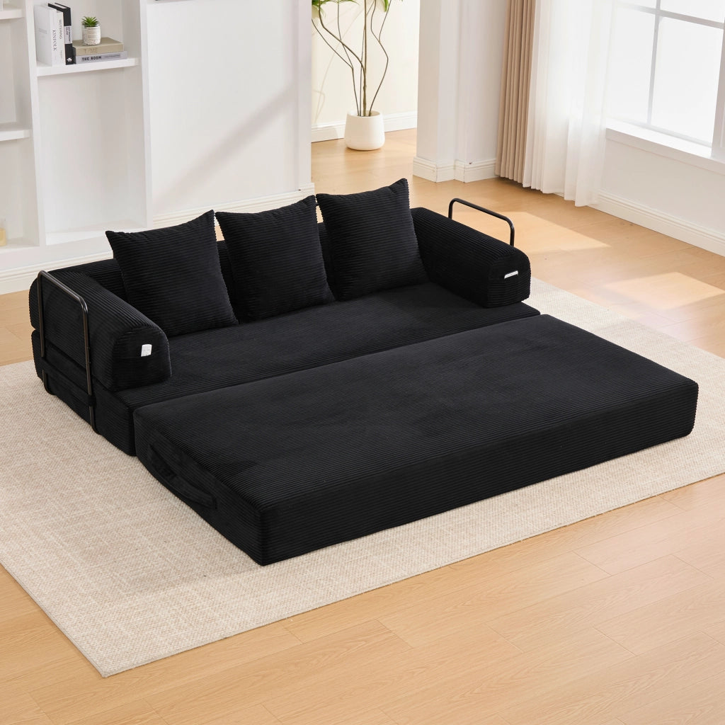 DIVANO modulare 200x94x67 cm in velluto a coste nero con 3 cuscini