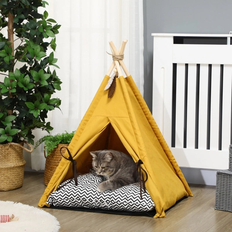 Cuccia a tenda per cani e gatti 60 × 60 × 76 cm con cuscino lavabile; base antiscivolo; poliestere gialla