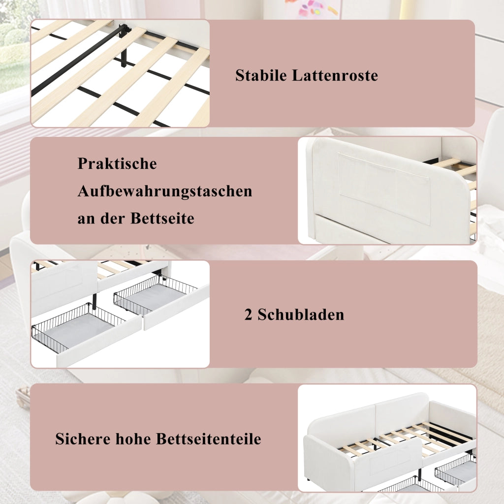 LETTO Singolo 90x200 cm Velluto Bianco con 2 cassetti e tasche laterali