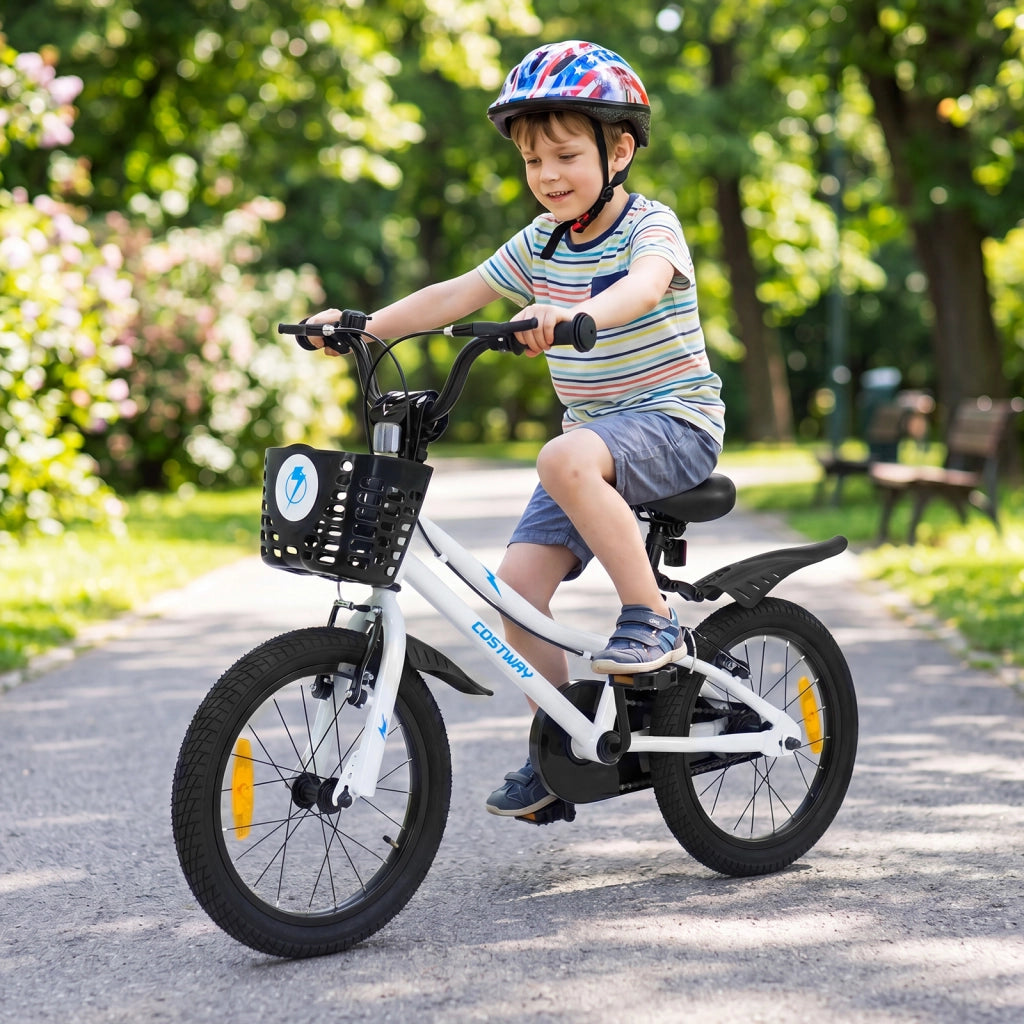 Bicicletta per bambini regolabile in altezza, Bicicletta sportiva con stabilizzatore cestino rimovibile e freno a v Bianco per bambini 3-5 anni