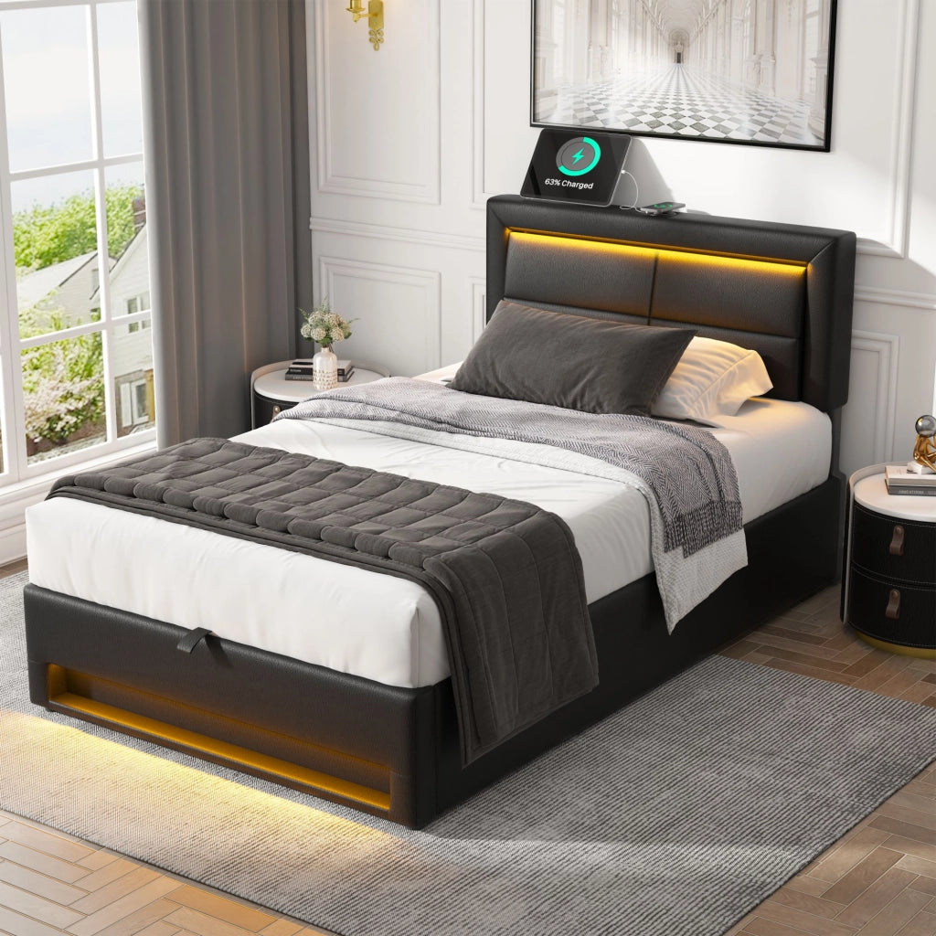 LETTO Imbottito 90x200 cm PU Nero con USB, LED e vano contenitore