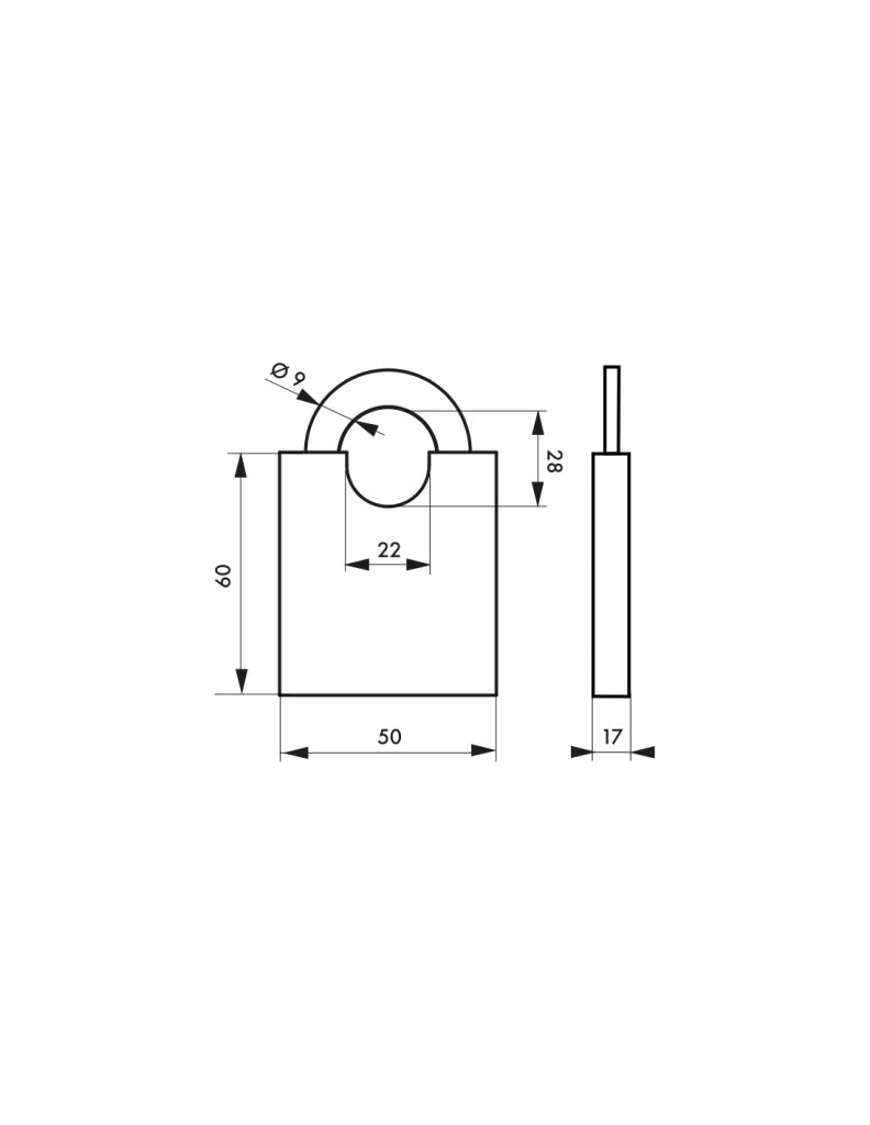 Lucchetto SHOULDER 50 mm in ottone massiccio, arco protetto alto, 2 chiavi – THIRARD