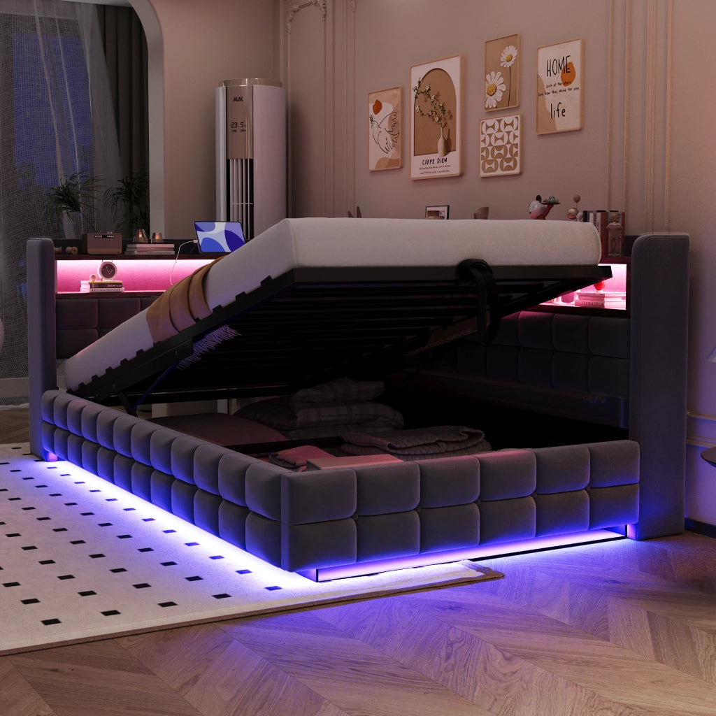 DIVANO LETTO 90x200 cm in velluto grigio con LED, prese USB e vano contenitore
